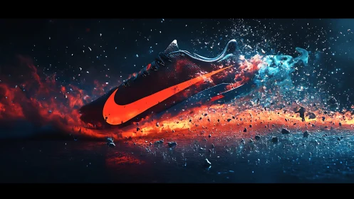 Ignited sprint shoe erupts through neon fire and frozen sparks.
