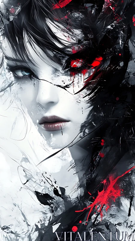 Digital portrait shows fragmented female face with red accents