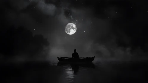 Silhouette person in small boat faces bright full moon