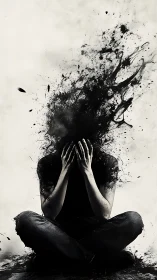 Shattered mind erupts in ink-black abstract explosion.