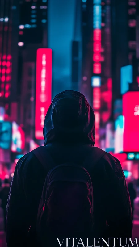 Neon city wanderer savors a quiet moment in glowing streets