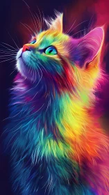 Neon Rainbow Cat Digital Portrait with Vibrant Light Effects.