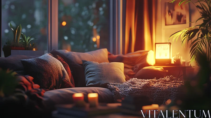 Cozy evening sofa nook glows with candles and warm lamplight