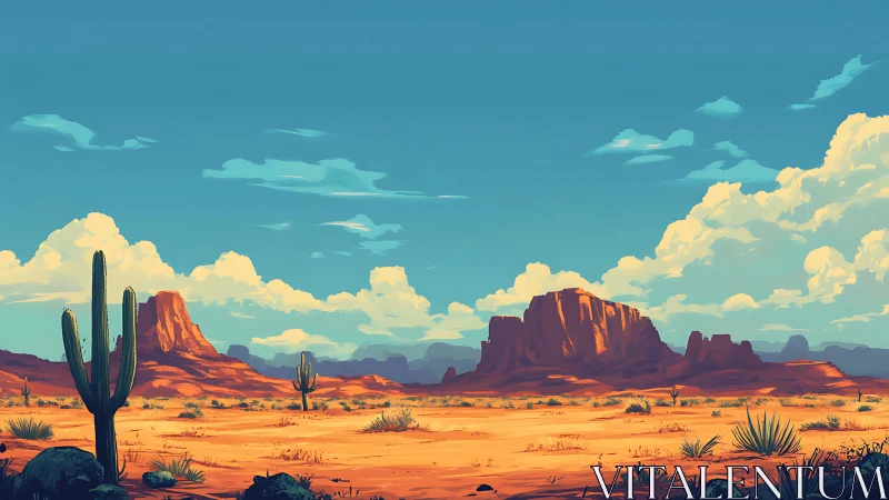 Sunlit desert mesas rise beneath expansive blue skies.