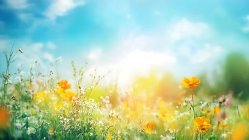 Sunlit Wildflower Meadow with Golden Hour Atmospheric Bokeh.