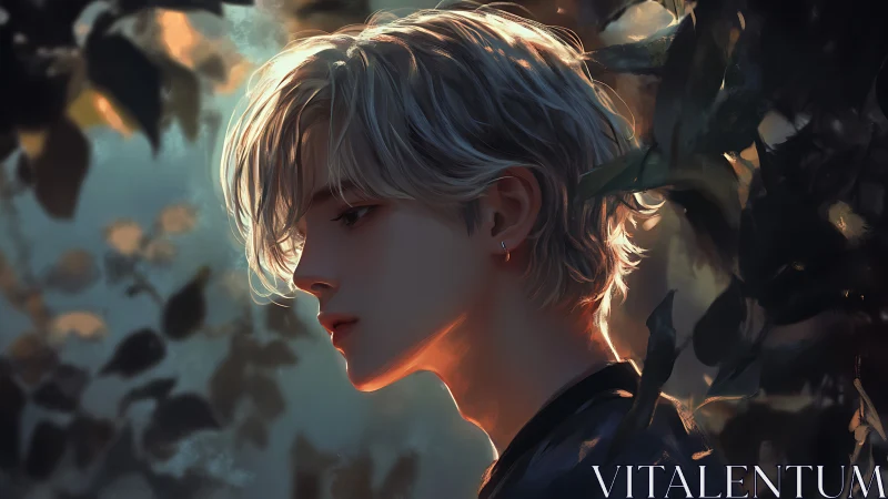 Luminous-haired youth in dusklit garden of quiet echoes.