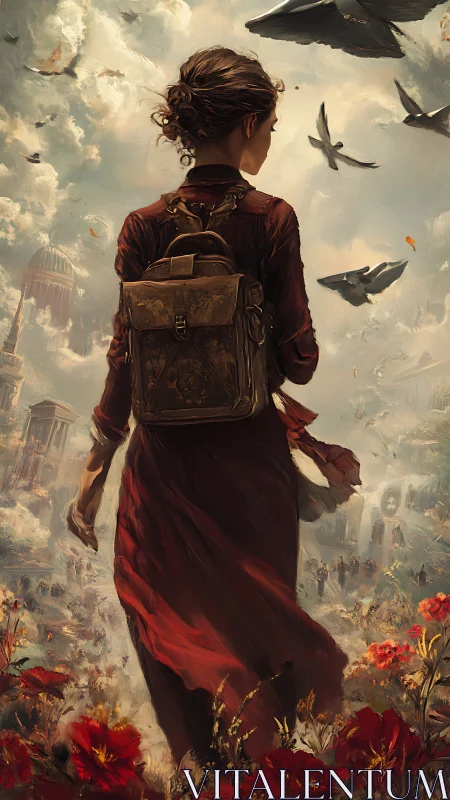 Woman with backpack walks through red flowers toward city