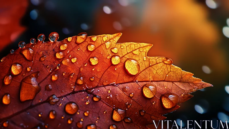 Macro study of autumn leaf hydrophobicity and light refraction.