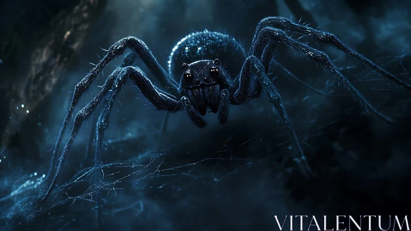 Giant blue spider stalking prey in misty webbed cavern.
