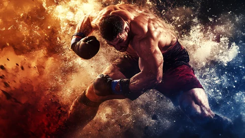 Boxer Mid-Punch Against Explosive Fire and Ice Background.