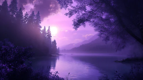 Violet dusk sun reflects across tranquil forest lake