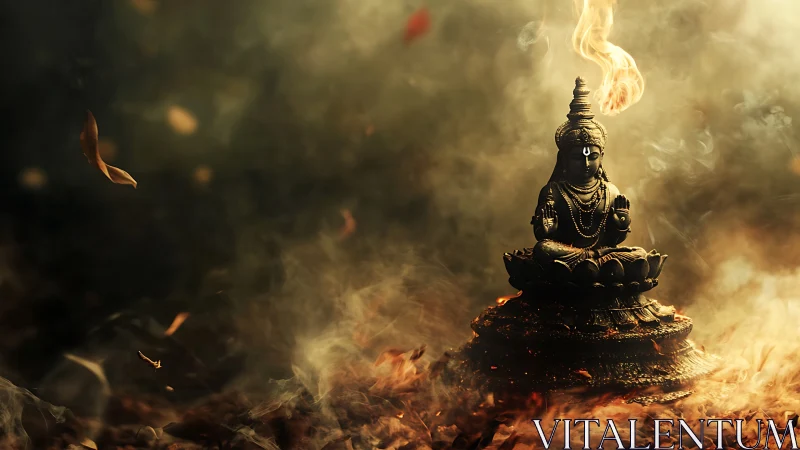 Bronze deity statue amid volumetric smoke and ember-filled atmosphere