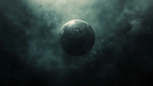 Dark spherical planet floats centered within dense cosmic fog