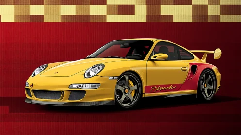 Aerodynamic yellow sports coupé on pixelated red ground.