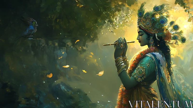 Ornate flute player in forest clearing with observing bird.