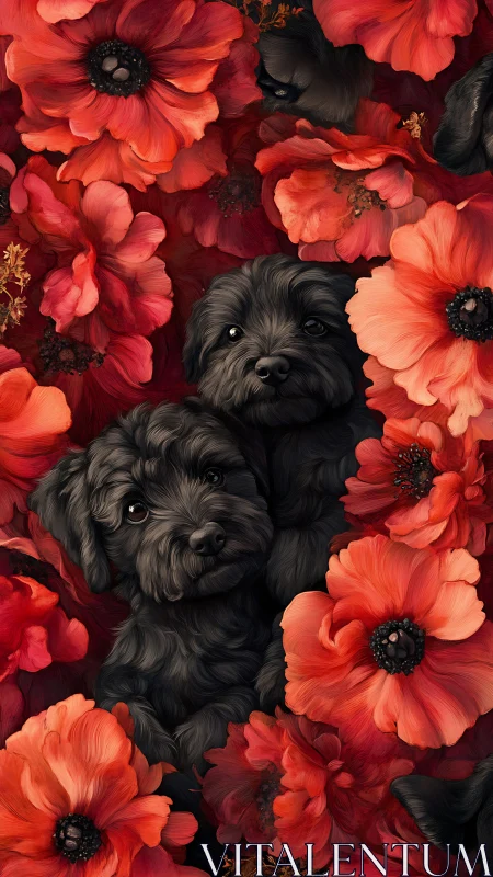 Black puppies embedded among densely layered red poppy blossoms