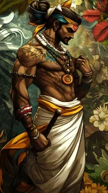 Tattooed warrior in traditional wrap with jungle backdrop.