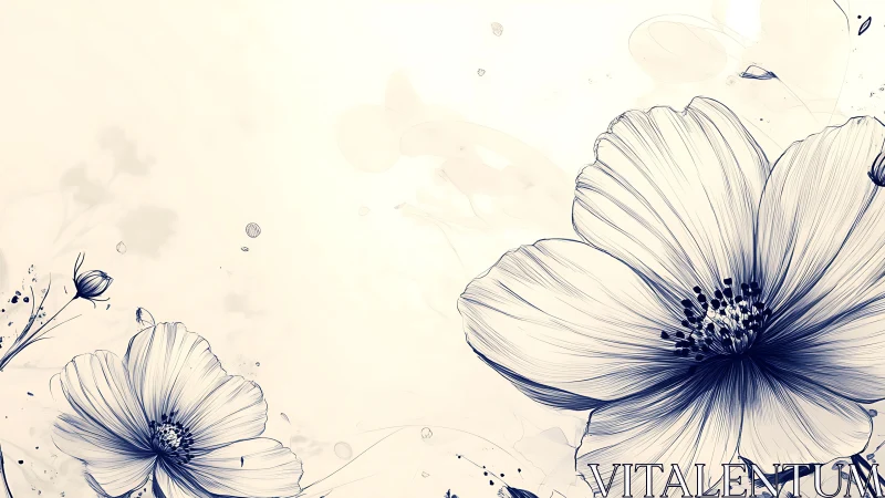 Blue and Cream Cosmos Flowers with Botanical Elements.