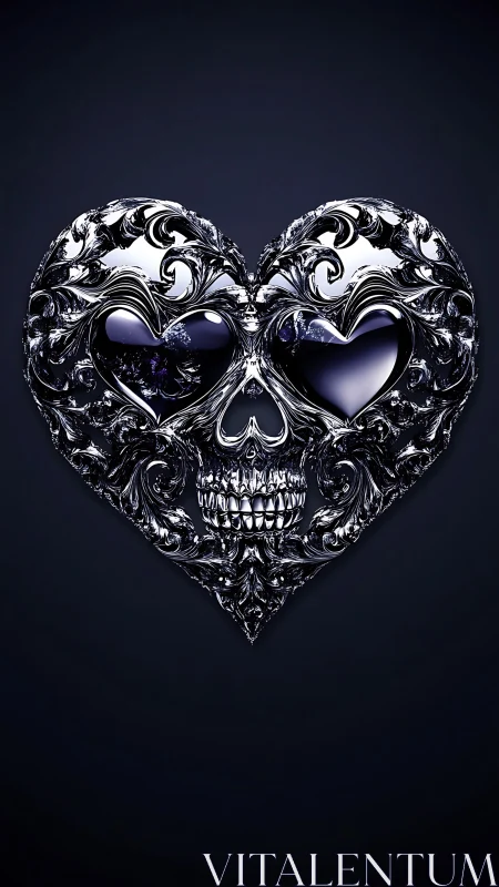 Baroque chrome heart-skull emblem in dark 3D relief.