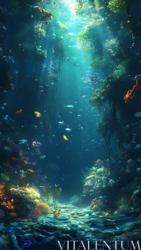 Volumetric-lit abyssal reef corridor with bioluminescent fauna.