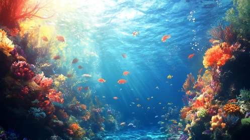 Sunlit coral reef teems with colorful tropical marine life