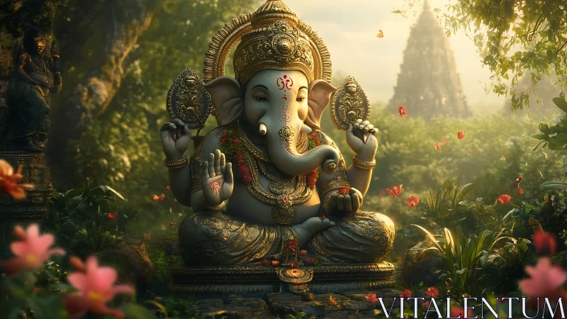 Divine Ganesha idol amid ethereal jungle light and petals.