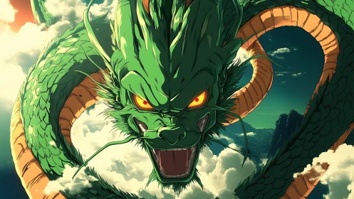 Coiled emerald sky dragon with glowing eyes dominates cloudscape
