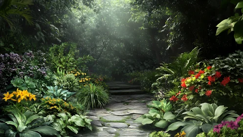Shaded stone garden path with dense flowering foliage and bokeh light