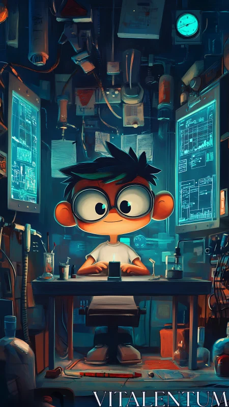 Young technician at cluttered lab workstation with monitors.