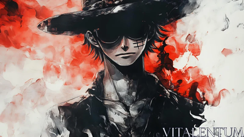 Shadowed figure in wide-brim hat against red smoke field.