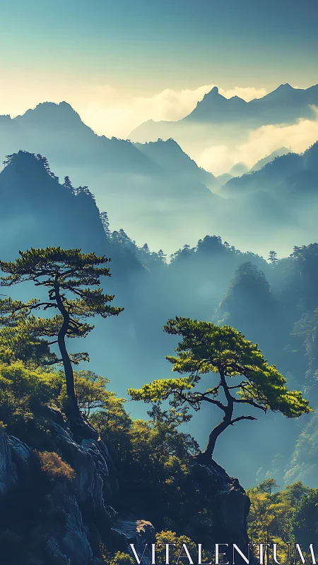 Misty mountain pines welcoming the soft morning light.