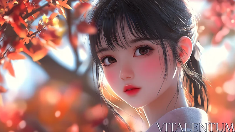 Autumn-lit anime portrait of girl with soft glowing bokeh.
