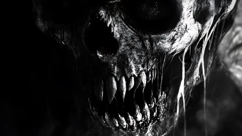 Decayed skull looms from darkness with jagged dripping teeth