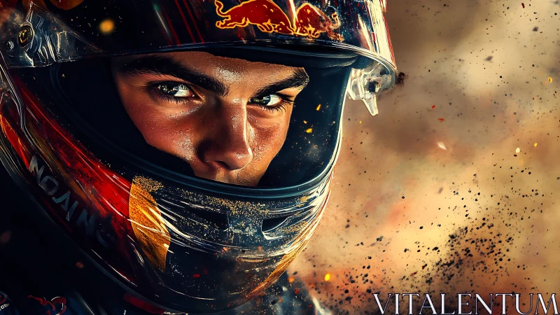 Close-up view isolates helmeted driver amid flying particles