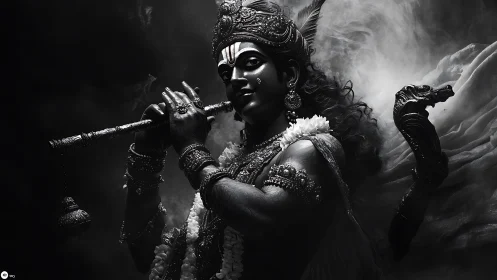 Graceful divine flute player glows in dramatic shadows