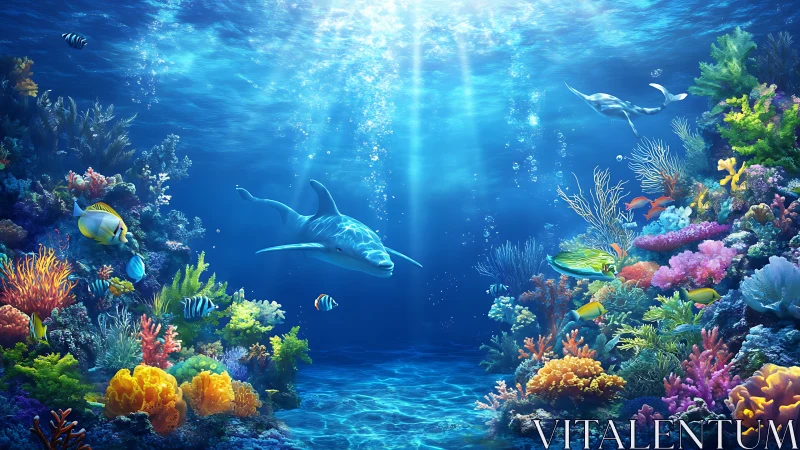 Colorful coral reef ecosystem surrounds swimming dolphin