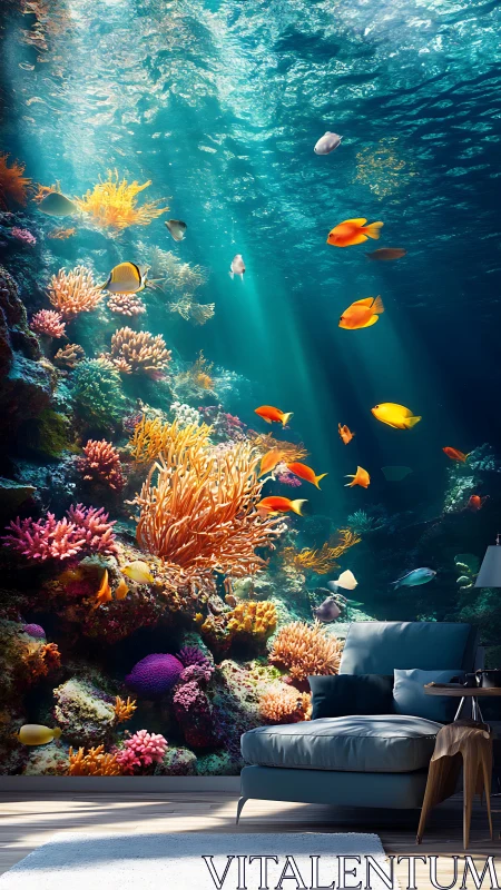 Underwater reef mural transforms modern lounge interior.