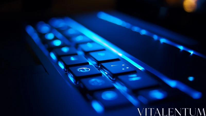 Backlit laptop keyboard in blue low light close focus view.