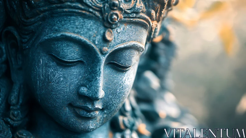 Serene stone deity portrait in warm bokeh backlight closeup.