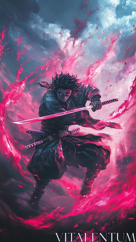 Neon-lit samurai warrior channels crimson energy in storm