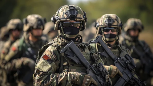 Photorealistic military squad in tactical formation, shallow depth of field.