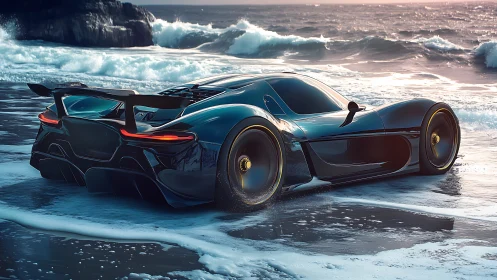 Sleek black supercar parked on wet ocean shoreline.