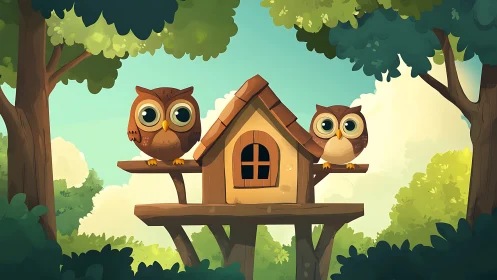 Two Cute Cartoon Owls on a Treehouse in a Whimsical Forest Scene.
