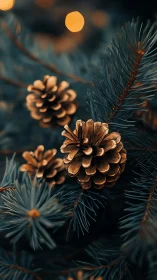 Golden pinecones glow amid teal needles and soft bokeh hush.