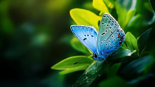 Blue butterfly rests on leaf within saturated green foliage