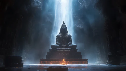 Monolithic stone deity in luminous cavern sanctum interior.