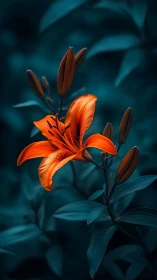 Orange Lily with Dark Red Buds Against Teal Foliage.