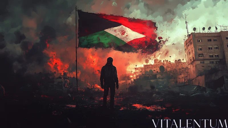 Lone figure confronts war-torn city beneath burning flag.