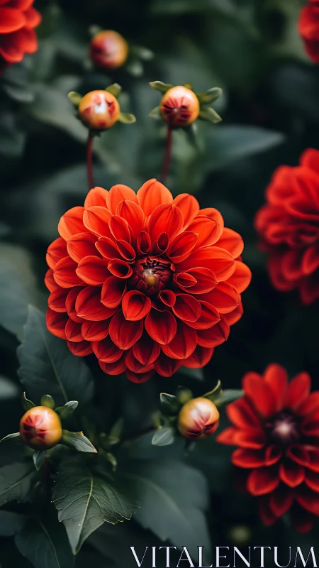 Red Dahlia Flower with Unopened Buds in Garden Setting
