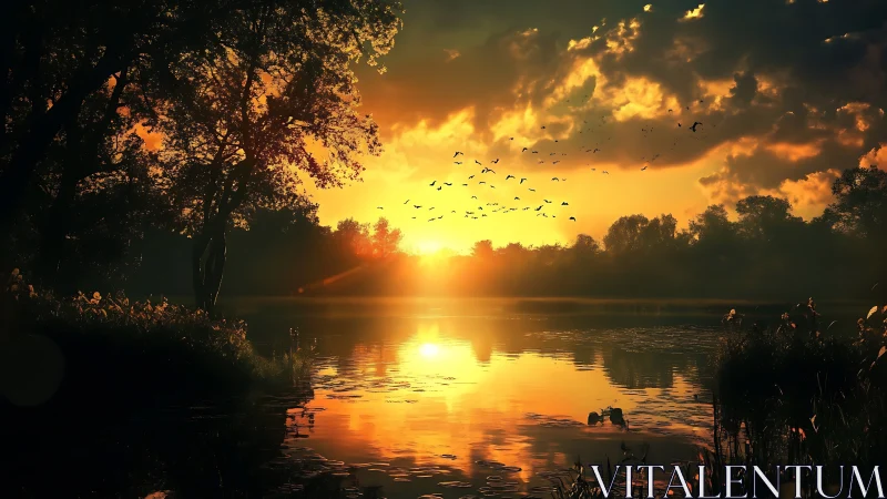 Golden sunset over reflective forest lake with birds in flight